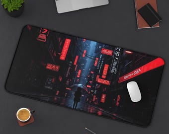 Cyberpunk Desk Mat, Red & Black Futuristic Gaming Mouse Pad