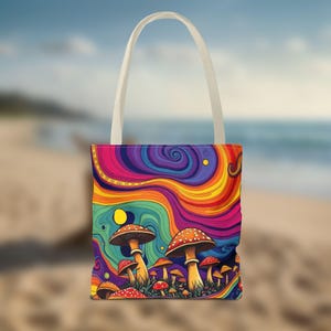 Psychedelic Mushroom Tote Bag, Gym Tote Bag, Colorful Reusable Bag for Festivals, Beach, Daily Use, Gift for Nature Lovers, Eco-Friendly Bag