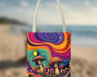 Psychedelic Mushroom Tote Bag, Gym Tote Bag, Colorful Reusable Bag for Festivals, Beach, Daily Use, Gift for Nature Lovers, Eco-Friendly Bag
