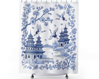 Blå Chinoiserie duschdraperi, badrumsdekor med asiatisk pagod, elegant krankonst