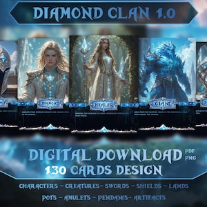 May include: Digital download design featuring fantasy art cards. The cards include images of a war helmet, a diamond character, a healer, a giant, and a big pot. The text on the image reads "Diamond Clan 1.0" and "130 Cards Design".