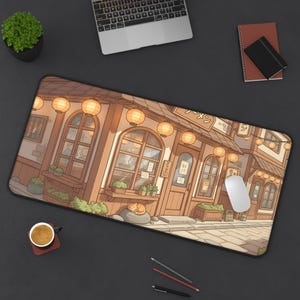 Anime Kawaii Schreibtischmatte - Nostalgisches Peaceful RAmen Shop Design, großes Mauspad für niedliche Schreibtischdekoration, langes Mousepad, Anime Schreibtischunterlage, Anime