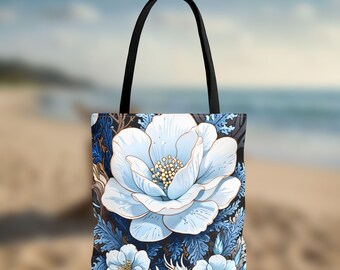 Floral Art Print Canvas Tote Bag, Elegant Reusable Shopping Bag