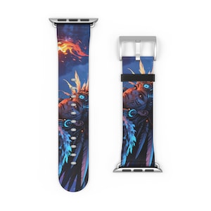 May include: A pair of watch bands featuring a detailed illustration of a Native American figure. The bands showcase a vibrant color palette of blues, oranges, and purples. The design includes feathers and tribal patterns, creating a unique accessory.