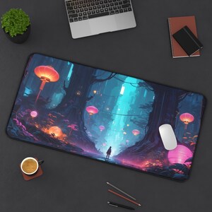 Tapis de souris forêt cyberpunk, tapis de bureau rose néon, cadeau pour joueur de cartes Rpg Tcg, tapis de bureau pour fille, cadeau d'anniversaire tapis de souris,