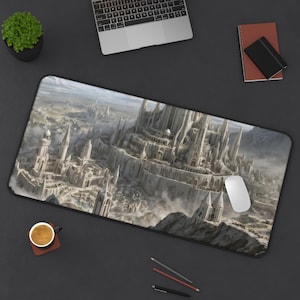 Elven City Desk Mat, Gaming Mousepad, Home Office, Gift for Him, Fantasy Lover, TCG Gamer Gift, RPG Play Mat