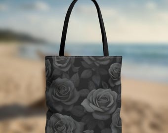 Black Rose Tote Bag,Shoper Bag, Beach Tote Bag,  Black Cottagecore, Tote Bag for Women, Tote Bag with Handle, Anniversary Gift,