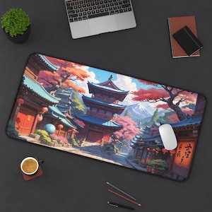 Japanese Village Deskmat, Large Desk Pad with Scenic Cherry Blossom Design, Office & Gaming Mousepad, Japanese Aesthetic Home Decor Gift