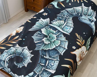 Fluwelen zeepaardje, gezellig huisdecor voor nautische liefhebbers, pluche plaid voor cadeaus, strandhuisstijl, woonkameraccent