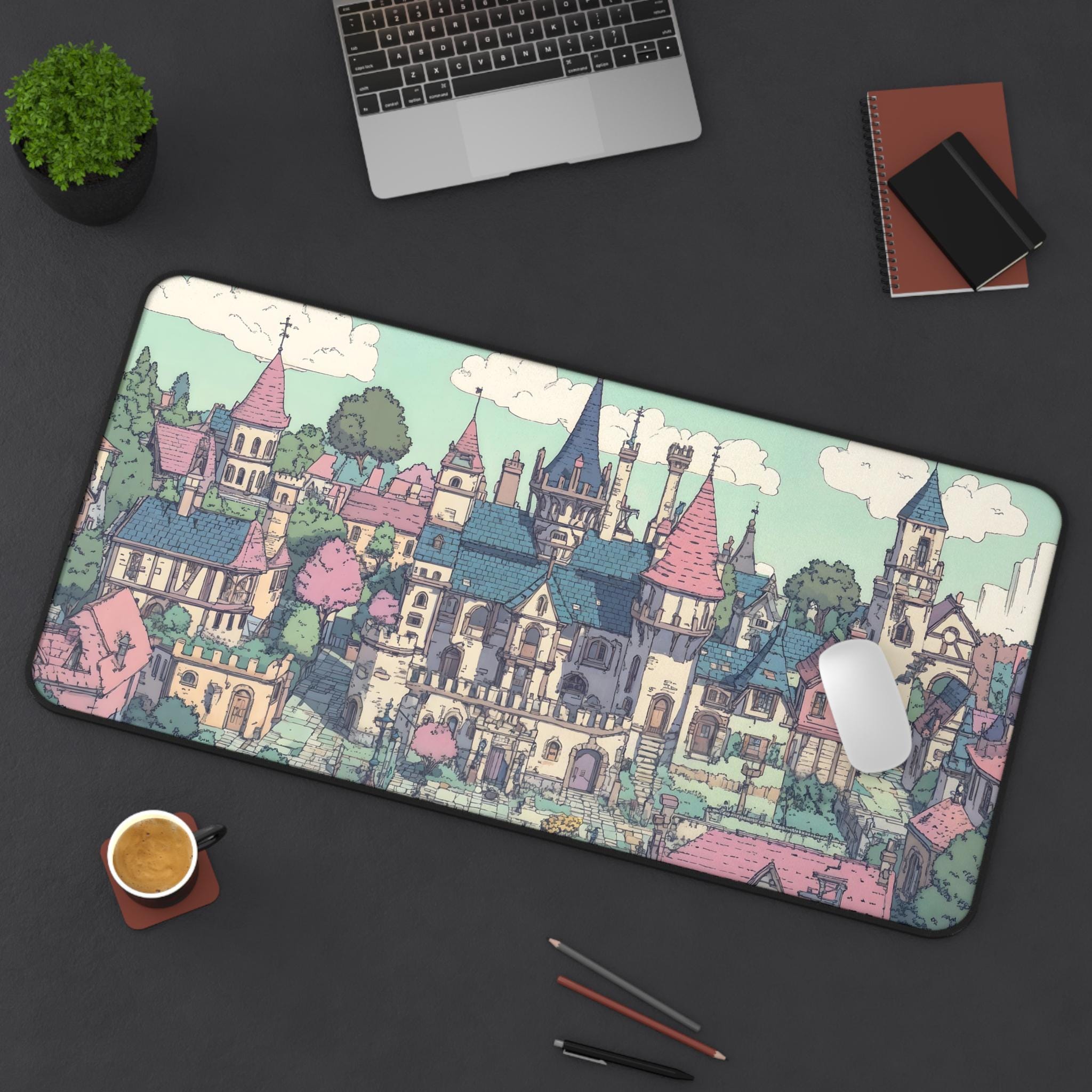 ピクセルアートデスクマット、中世都市マウスパッド、ピクセルアート