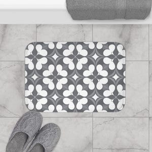 Floral Bath Mat Gray White, Cozy Bathroom Rug, Modern Home Spa Décor, Soft Absorbent Floor Mat, Gift for Housewarming