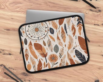 Boho Chic Laptop Sleeve, Bohemian Feather 13" Tablet Case, Stylish Tech Accessory, Computer Cover, Gift for Students and Professionals,