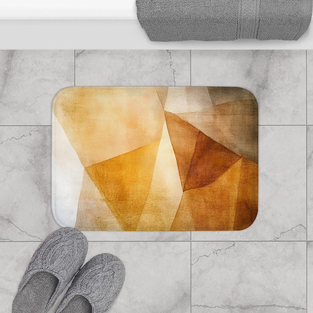 View of Mid Century Modern Earthy Tone Bath Mat, Cozy Bathroom Decor, Abstract ...