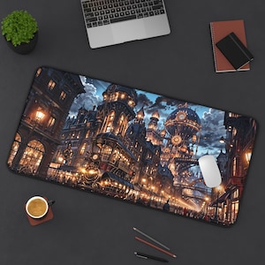 Tapis de bureau gaming steampunk City, néoprène, antidérapant, couleurs vives, cadeau de Noël, parfait pour les gamers de bureau et les professionnels de la création