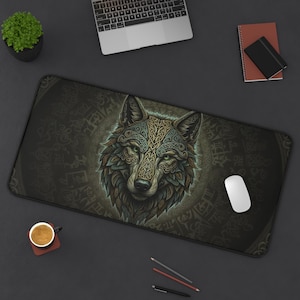 Celtic Wolf Desk Mat, Viking Playmat for TCG Gamer - Gift for Wolf Lover, New year gift, Mousepad, Mousemat, Card Game Mat