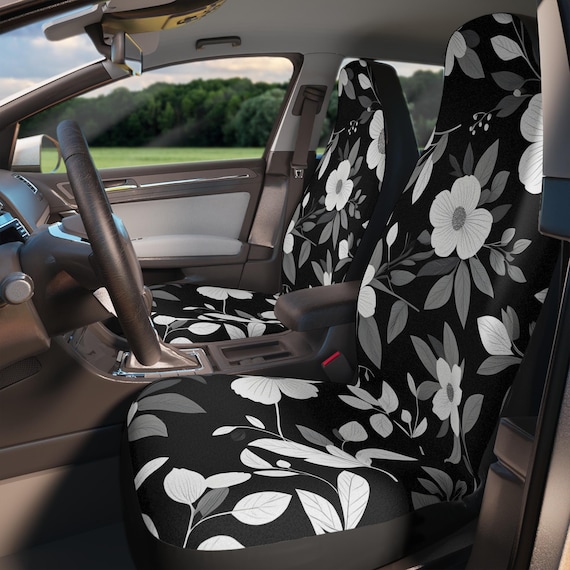 Black and White Flowers Car Seat Cover Durable Polyester Waterproof Universal Fit Stylish Washable Protector Perfect New Year Gift