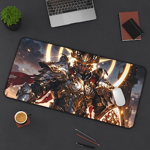 Epic Warrior Desk Mat, Golden King, Gaming Desk Pad, Battle Theme, Gift for Gamers, Fantasy Artwork, TCG RPG Gamer