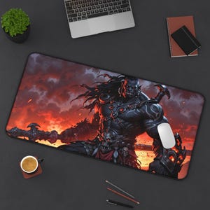 Orc Warrior Desk Mat, Gothic Mousepad, Gaming Mouse Pad, Unique Office Decor, Gift for Gamers, Halloween, RPG Lover&#39;s Accessory