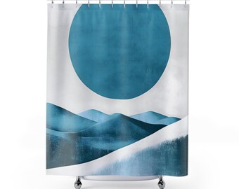 Blue Moon Shower Curtain, Boho Abstract Shapes, Minimalist Geometric Bathroom Decor