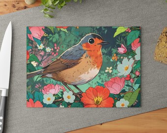 Colorful Bird Glass Cutting Board | Kitchen Decor, Gift for Bird Lovers, Floral Art, Home Cooking, Unique Housewarming