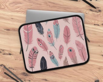 Pink Feathers Laptop Sleeve, Boho Tech Case, Gift for Students, Soft Protective Cover, Home Office Accessory
