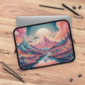 May include: A laptop sleeve with a colorful, surreal landscape design. The scene features a river winding through a valley with mountains in the background. The sky is filled with clouds and a large, bright moon.