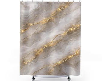 Marmor gemusterter Duschvorhang, Creme und Gold, Geometrisches Badezimmer Dekor