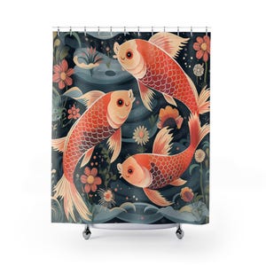 Koi Fish Shower Curtain, Vintage Japanese Home Decor, Unique Bathroom Accessory, Boho Bathroom, Nature-Inspired Gift