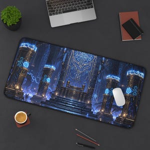 King Hall Gaming Desk Mat Blue Castle Playmat Non-Slip Mouse Pad Extra Large Gaming Mat TCG RPG Gamer Gift