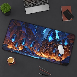 Blue Runes Cave Playmat, XL TCG RPG Deskmat, Fantasy Gaming Mouse Pad, Large Card Game Mat, Magic Symbols Desk Accessory,