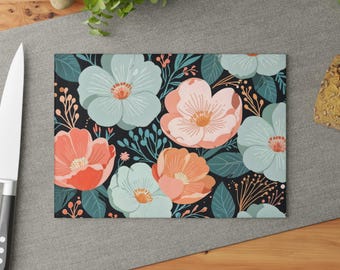 Floral Glass Cutting Board, Boho Kitchen Decor, Food Prep Board