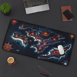 Dark Lands Map Schreibtischmatte, Fantasy-Themen-Schreibtischunterlage, Gaming-Schreibtischunterlage, Bürodeko, Geschenk für Gamer, Fantasy-Karte, Arbeitsplatzzubehör