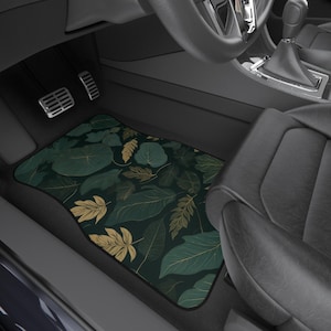 Stijlvolle groene automattenset – milieuvriendelijke botanische vloermatten | Cadeau natuurliefhebber | Duurzame auto-accessoires met bladprint