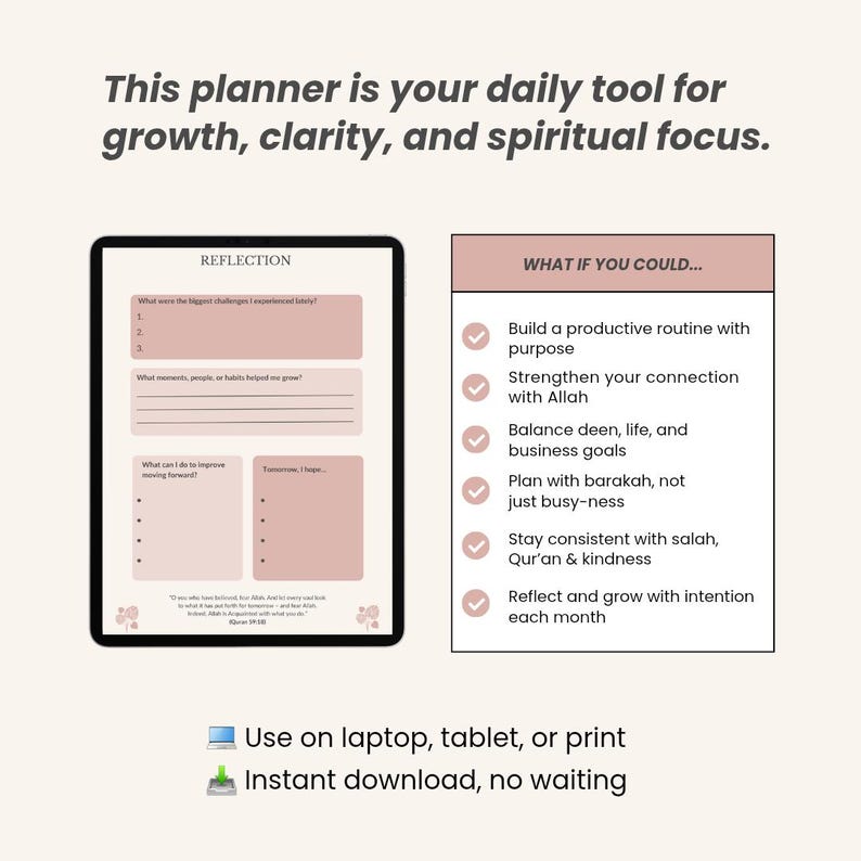 May include: Digital planner with a pink and white design. The planner includes sections for reflection and goal setting. Text on the image reads: "This planner is your daily tool for growth, clarity, and spiritual focus."