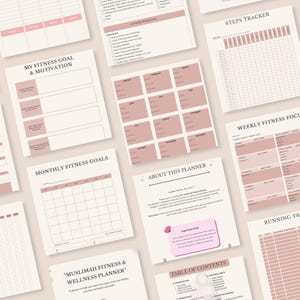May include: A collection of printable fitness planner pages featuring a soft pink and white color scheme. The sheets include sections for My Fitness Goal & Motivation, Monthly Fitness Goals, Steps Tracker, Weekly Fitness Focus, and a Table of Contents.