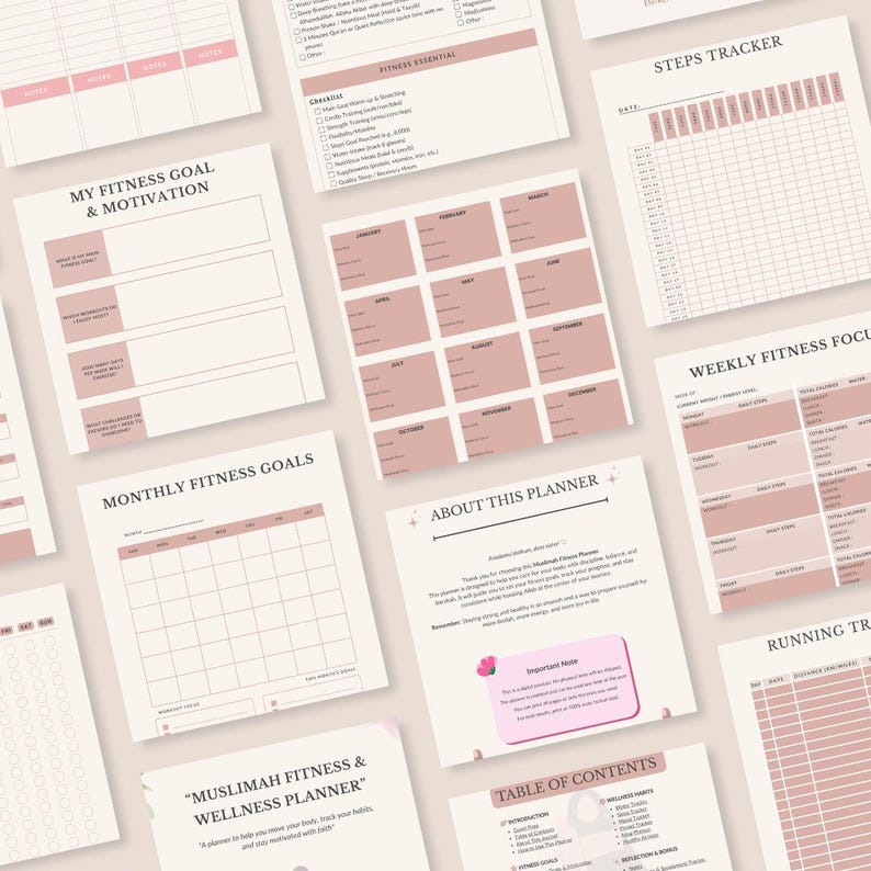 May include: A collection of printable fitness planner pages featuring a soft pink and white color scheme. The sheets include sections for My Fitness Goal & Motivation, Monthly Fitness Goals, Steps Tracker, Weekly Fitness Focus, and a Table of Contents.