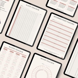May include: A collection of digital planner pages displayed on tablets, featuring trackers for sleep, intermittent fasting, water intake, and mood. Each page has a clean layout with soft pink accents, clear headings, and organized grids for daily logging.