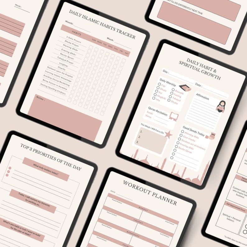 May include: A collection of digital tablets displaying printable planner pages. The pages feature headings such as "Daily Islamic Habits Tracker," "Daily Habit & Spiritual Growth," and "Workout Planner." The color scheme is primarily beige and dusty rose.