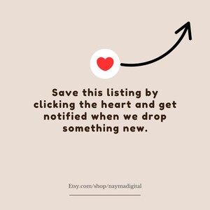 May include: A graphic featuring a red heart icon within a white circle, with a black arrow pointing upwards. Text states: "Save this listing by clicking the heart and get notified when we drop something new." Includes an Etsy shop URL.
