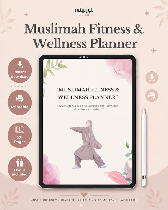 Muslimah Fitness & Wellness Planner | Islamic Workout, Habit and Health Tracker | Printable PDF Download