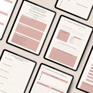 May include: A collection of digital tablets showcasing business planning templates. The templates use a soft pink and beige colour scheme, with headings such as "Dua Before Starting My Business Week" and "Weekly Business Goals". The tablets are positioned at different angles.