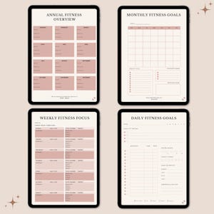 May include: Four digital tablet screens displaying fitness planner templates in a soft pink and white color scheme. The layouts include an Annual Fitness Overview, Monthly Fitness Goals, Weekly Fitness Focus, and Daily Fitness Goals with text.
