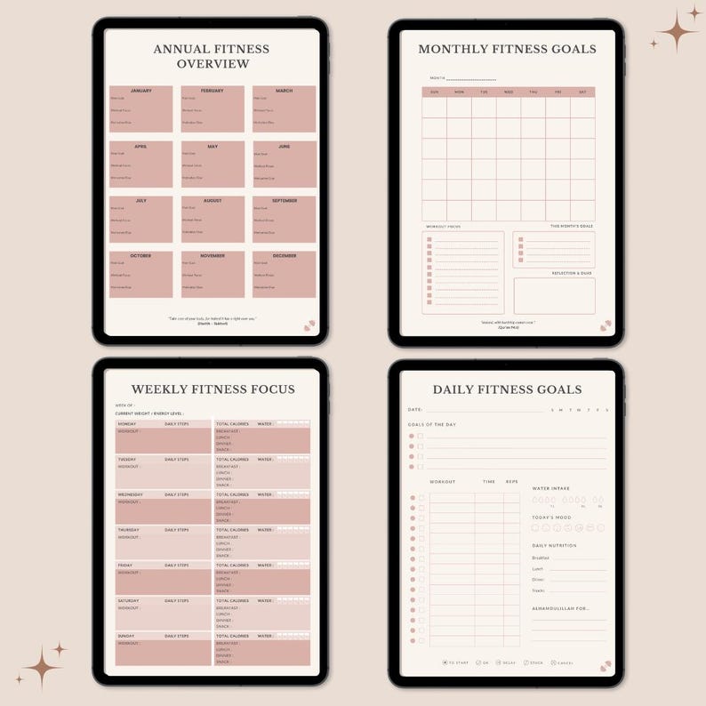 May include: Four digital tablet screens displaying fitness planner templates in a soft pink and white color scheme. The layouts include an Annual Fitness Overview, Monthly Fitness Goals, Weekly Fitness Focus, and Daily Fitness Goals with text.