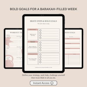 May include: Three digital tablets displaying planning templates. The central tablet shows a "Brave Steps & Bold Goals" layout with sections for business strategy and self-improvement. The other tablets show workout and wellness goal templates. The text "Instant Access" is visible.