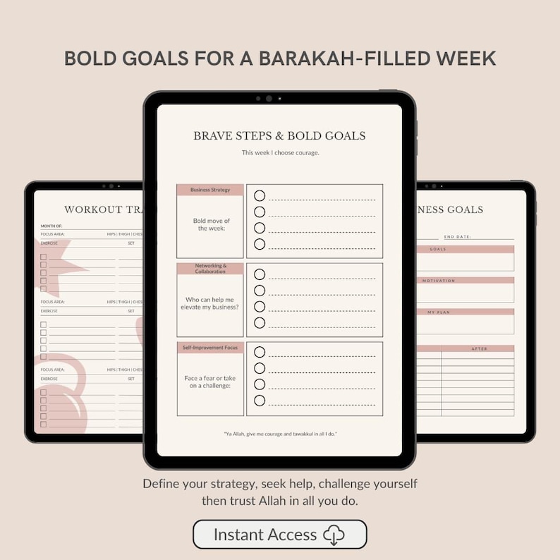 May include: Three digital tablets displaying planning templates. The central tablet shows a "Brave Steps & Bold Goals" layout with sections for business strategy and self-improvement. The other tablets show workout and wellness goal templates. The text "Instant Access" is visible.