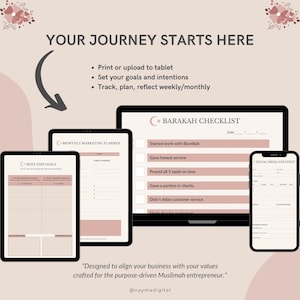 May include: A digital marketing and planning theme with a tablet, laptop, and smartphone displaying checklists and goal-setting templates. The text reads "Your Journey Starts Here" and "Barakah Checklist". The image is designed for purpose-driven Muslimah entrepreneurs.