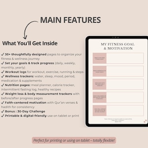 May include: A digital fitness and wellness planner displayed on a tablet screen, featuring a page titled My Fitness Goal & Motivation with five blank input fields. The text lists features including workout logs, nutrition pages, and trackers.