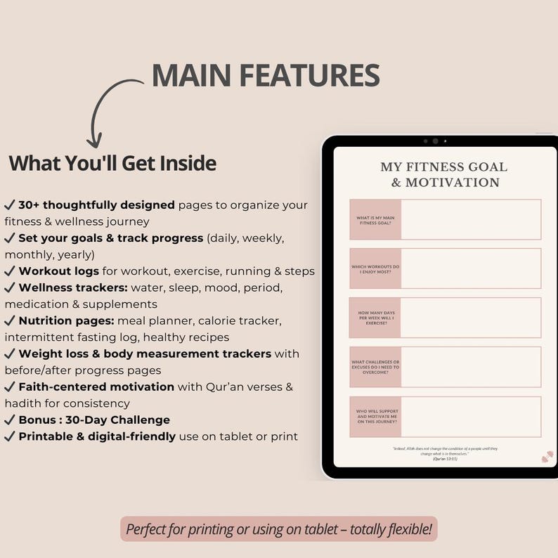 May include: A digital fitness and wellness planner displayed on a tablet screen, featuring a page titled My Fitness Goal & Motivation with five blank input fields. The text lists features including workout logs, nutrition pages, and trackers.
