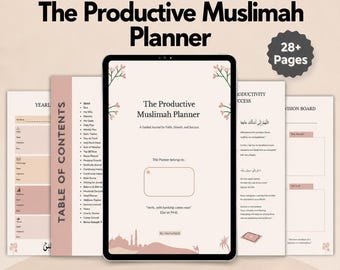 May include: A digital planner titled The Productive Muslimah Planner displayed on a tablet screen, featuring 28+ pages, a table of contents, a vision board, and prayer-related sections in a soft beige color palette with floral accents.