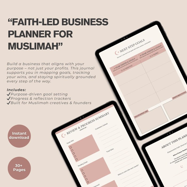 May include: A digital business planner for Muslimah creatives. The planner includes goal setting, progress trackers, and reflection pages. The design is in beige and pink, with the text "Faith-Led Business Planner for Muslimah".